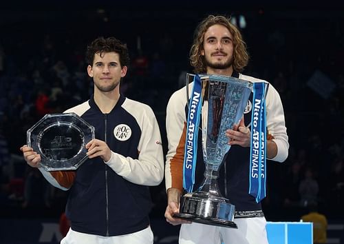 Dominic Thiem(l) and Stefanos Tsitsipas at the 2019 Nitto ATP Finals