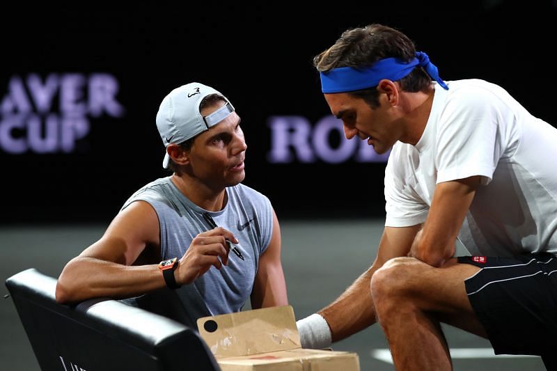 Rafael Nadal (L) and Roger Federer at Laver Cup 2019