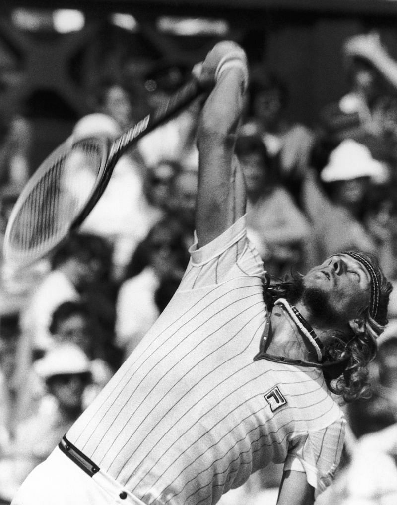 Bjorn Borg in action with his wooden racquet