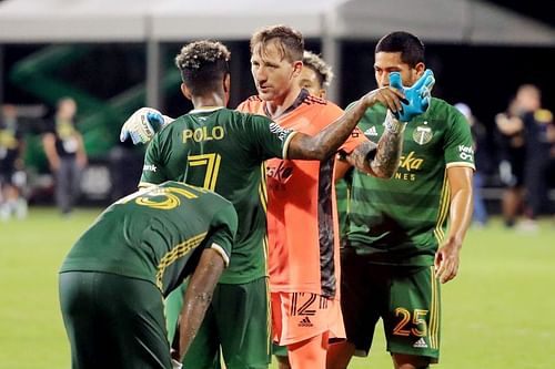 Portland Timbers players celebrate after their semi-final win against Philadelphia Union
