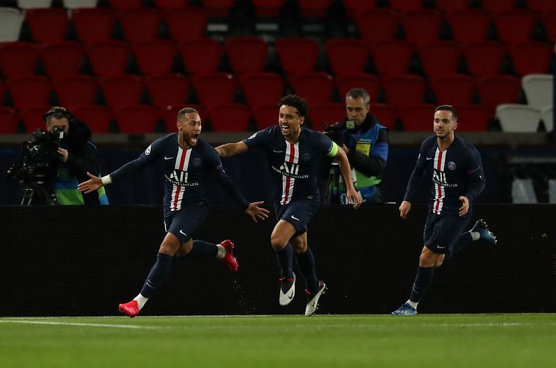 Neymar celebrates after scoring for Paris Saint-Germain in their round of 16 tie against Borussia Dortmund