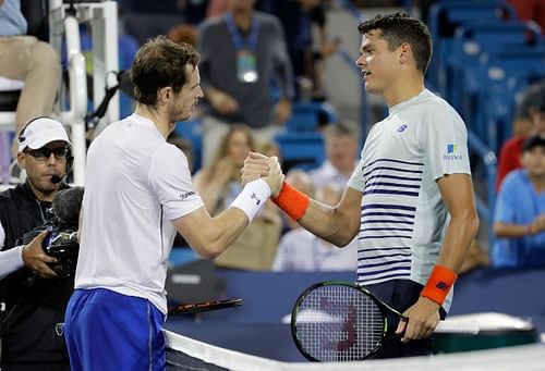 Andy Murray (L) and Milos Raonic at the 2016 Western & Southern Open