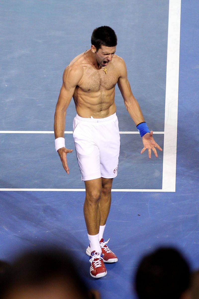 Novak Djokovic celebrates after winning the 2012 Australian Open final