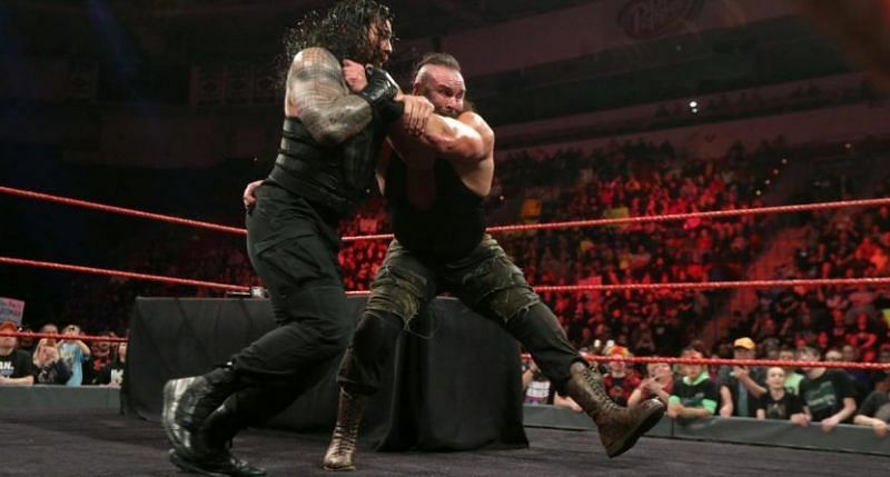 Strowman moments before shoving Reigns into the top rope