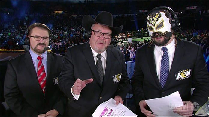 Excalibur with Jim Ross and Tony Schiavone on AEW&#039;s broadcast table