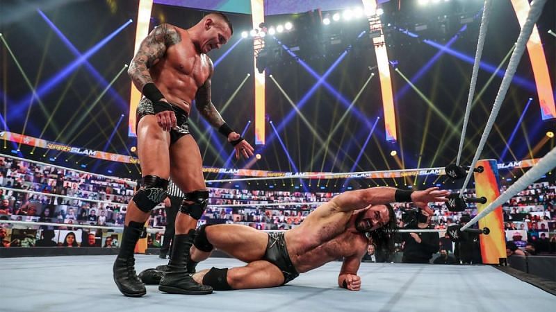 Randy Orton brutalizing Drew McIntyre