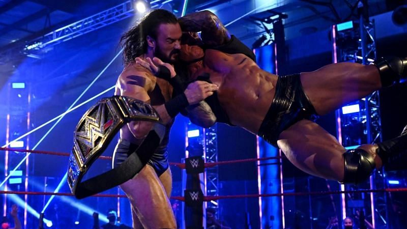 Drew McIntyre literally dropping the title while being hit with an RKO