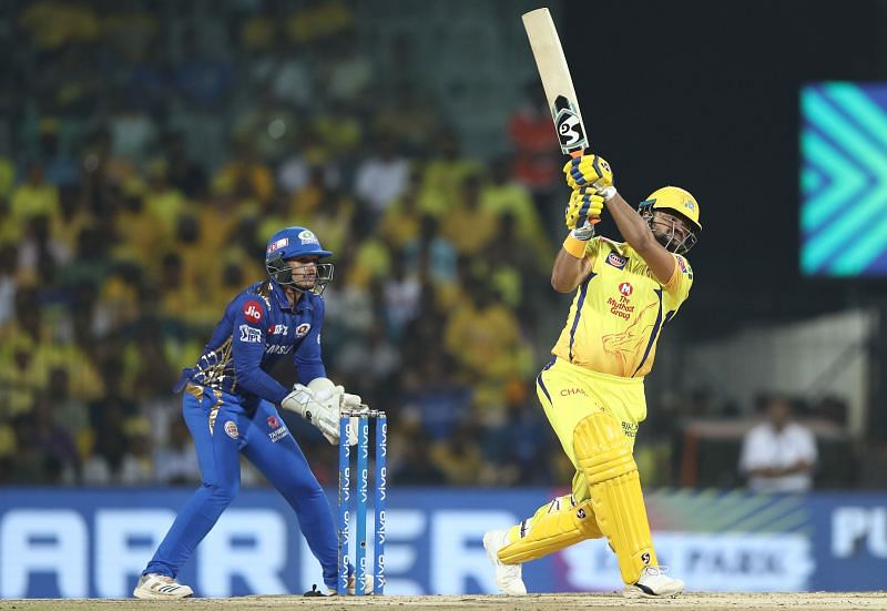 Raina plays a big shot for Chennai in the IPL