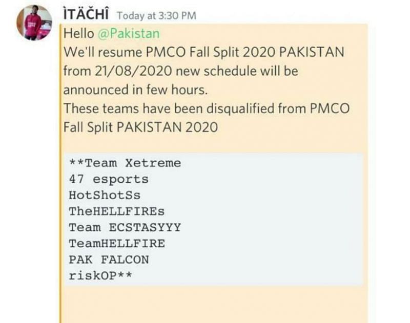 Teams to be disqualified from the PMCO Fall Split 2020 Pakistan