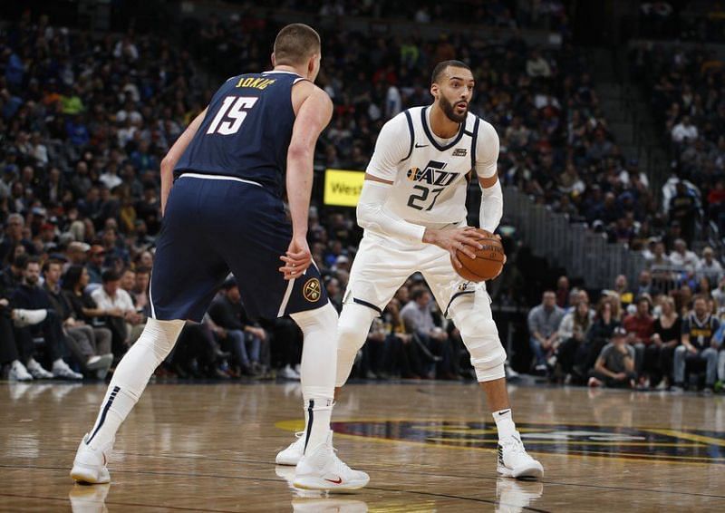 Nikola Jokic defending Rudy Gobert