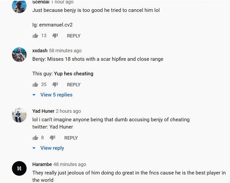 YouTube comments on the Benjyfishy cheating accusations (Image Credits: The Fortnite Guy, Youtube)