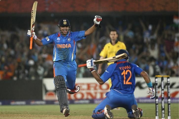 Yuvraj Singh and Suresh Raina celebrating India&#039;s victory over Australia in the 2011 World Cup.