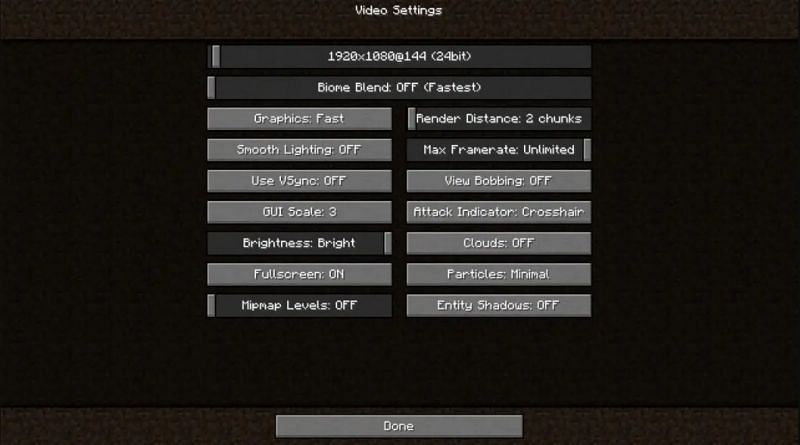 The Minecraft video settings screen (Image via Minecraft)