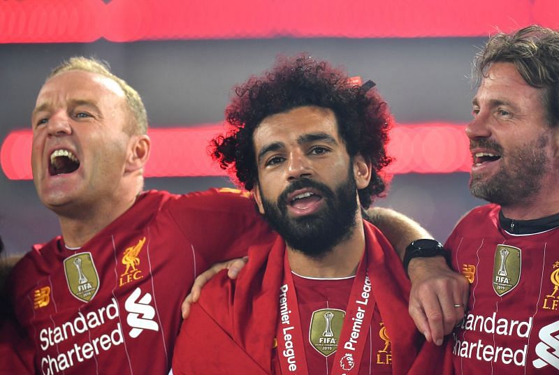 Mohamed Salah (center) during Liverpool&#039;s Premier League title celebrations