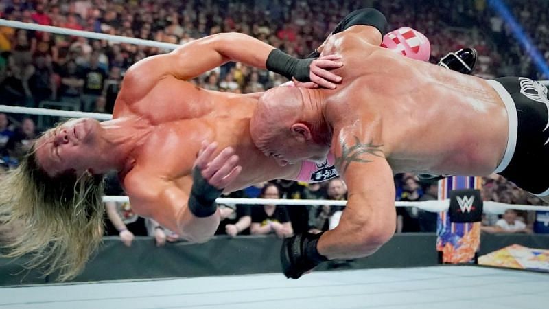Goldberg hitting Dolph Ziggler with a spear