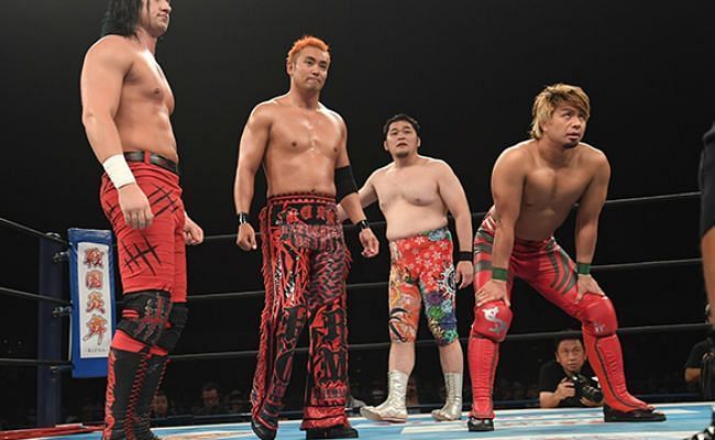 YOSHI-HASHI (far right) has won his first title in NJPW