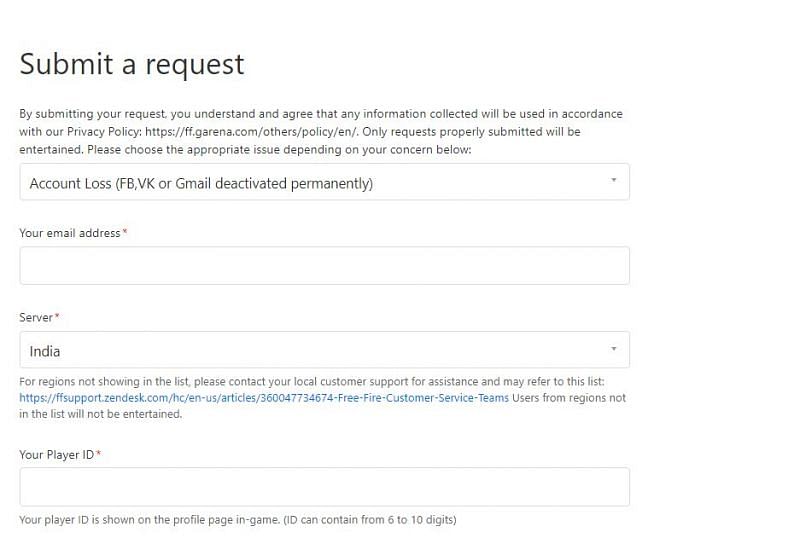 The form to submit the request (Picture Courtesy: ffsupport.zendesk.com)