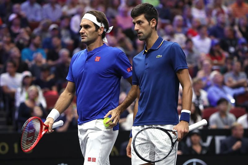 Roger Federer (L) and Novak Djokovic at Laver Cup 2018