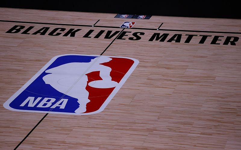 The Black Lives Matter logo on the NBA courts in ESPN&#039;s Wide World of Sports Complex in Orlando