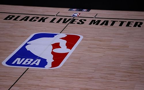 The Black Lives Matter logo on the NBA courts in ESPN's Wide World of Sports Complex in Orlando