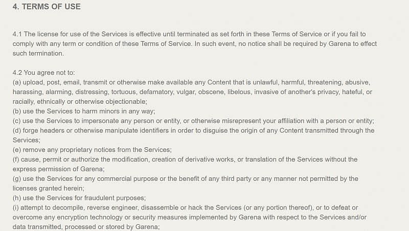 Terms of Service of Garena