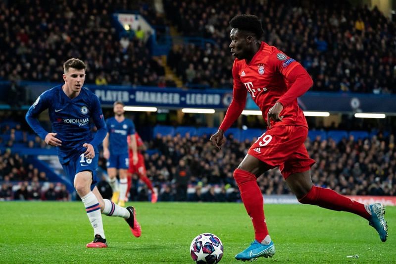 Bayern Munich&#039;s Alphonso Davies in action against Chelsea during the first leg