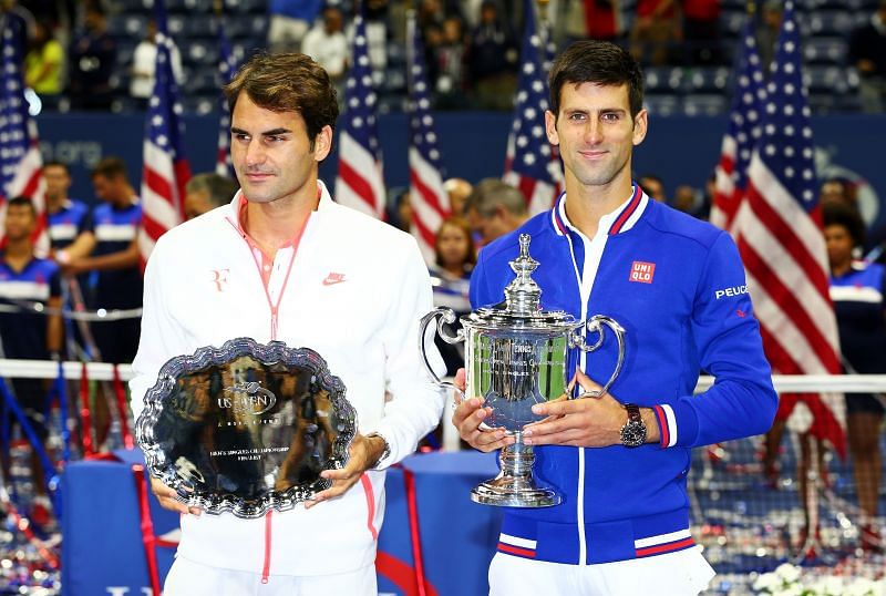 Roger Federer (L) and Novak Djokovic at the 2015 US Open