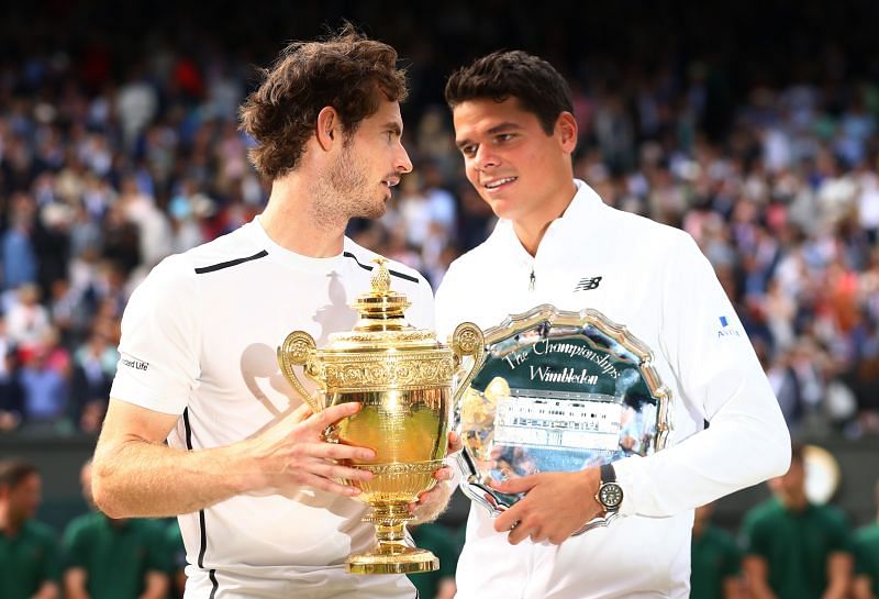 Andy Murray (L) and Milos Raonic at Wimbledon 2016