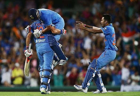 Indian players celebrating after their victory in the 3rd T20I against Australia, 2016