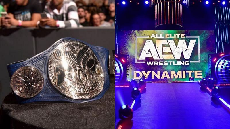 SmackDown Tag Team titles, AEW Dynamite set.
