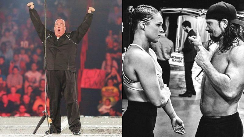 Paul Heyman (left); Ronda Rousey and AJ Styles (right)