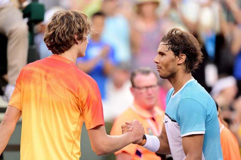 Alexander Zverev (L) and Rafael Nadal at Indian Wells 2016