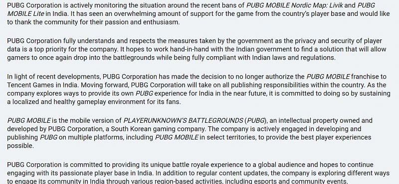 PUBG Corporation&#039;s official statement (Image Credits: pubg.com)