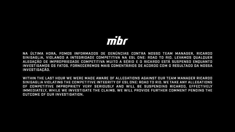 MIBR&#039;s statement (Image Credits: MIBR / Twitter)