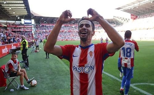 Hernan Santana celebrating a goal at Gijon (Image: Damian Arienza)