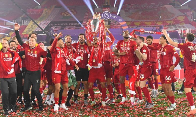Liverpool rejoice after winning the Premier League title last season.