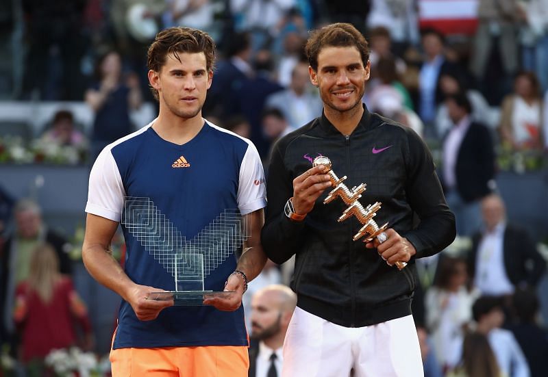 Dominic Thiem (L) and Rafael Nadal at the 2017 Madrid Masters