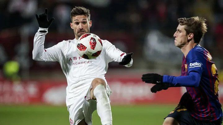 Jorge Ortiz Mendoza playing against FC Barcelona for Cultural Leonesa in the Copa Del Rey.