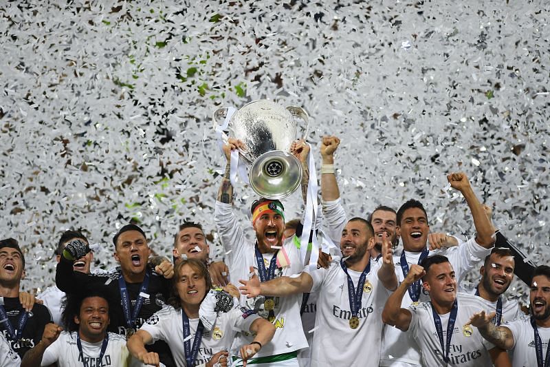 Real Madrid players celebrate their 2016 UEFA Champions League triumph