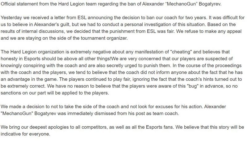 Hard Legion&#039;s statement (Image Credits: Twitlonger)