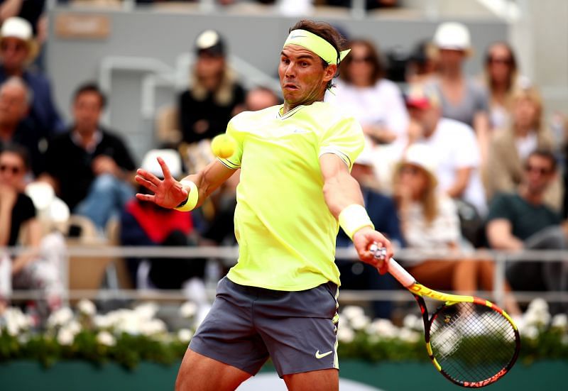 Rafael Nadal plays a forehand against Dominic Thiem at the 2019 French Open in Paris.