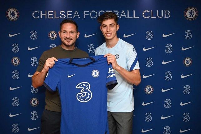 Kai Havertz receiving his Chelsea jersey from manager Frank Lampard.