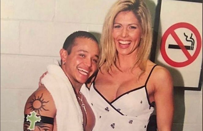 Rey Mysterio and Torrie Wilson backstage at a WCW show