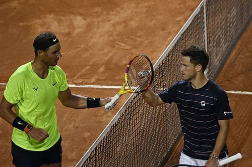 Rafael Nadal (L) and Diego Schwartzman at the Italian Open