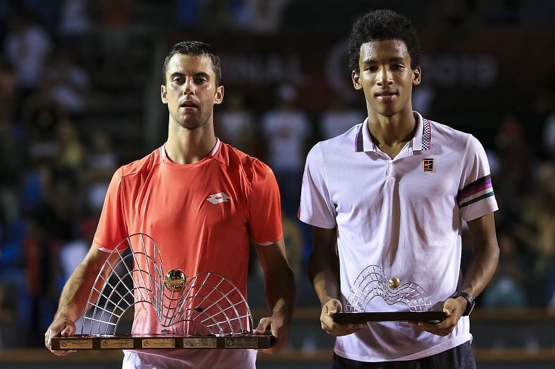 Felix Auger-Aliassime with the runner-up trophy alongside winner Laslo Djere at the ATP Rio Open 2019