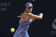Eugenie Bouchard hits a backhand