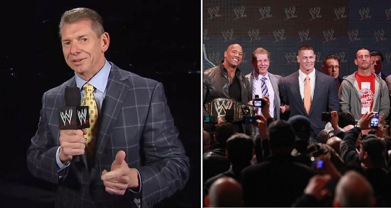 Vince McMahon posing with three of WWE&#039;s biggest Superstars