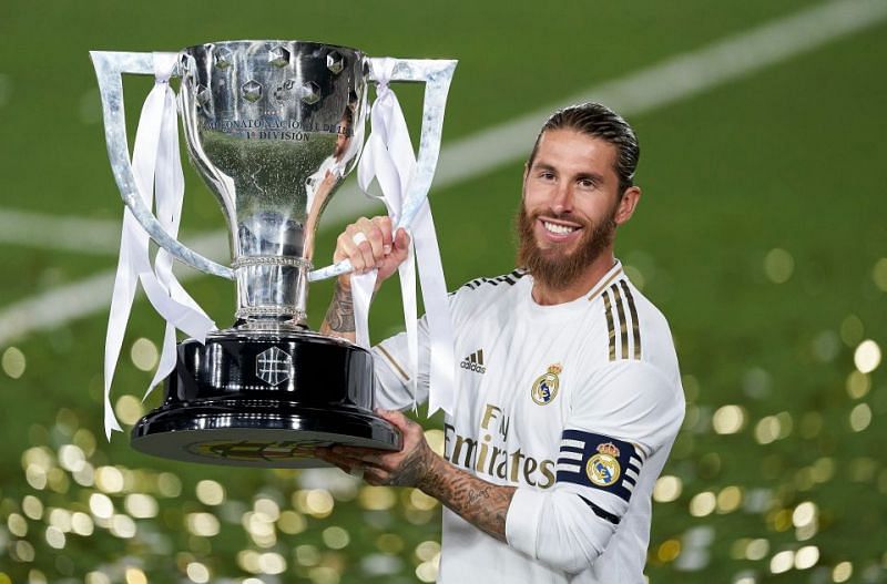 Sergio Ramos hoists aloft the 2019-20 La Liga title.