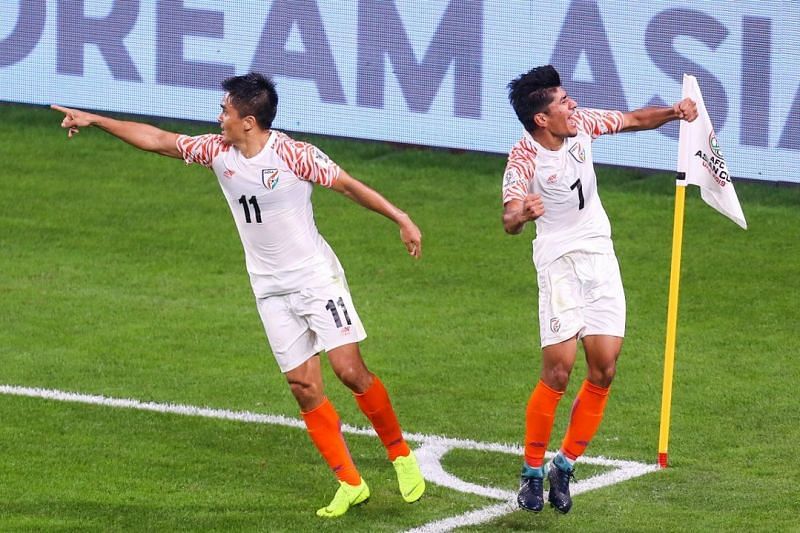 Anirudh Thapa celebrates after scoring in the AFC Asian Cup 2019.