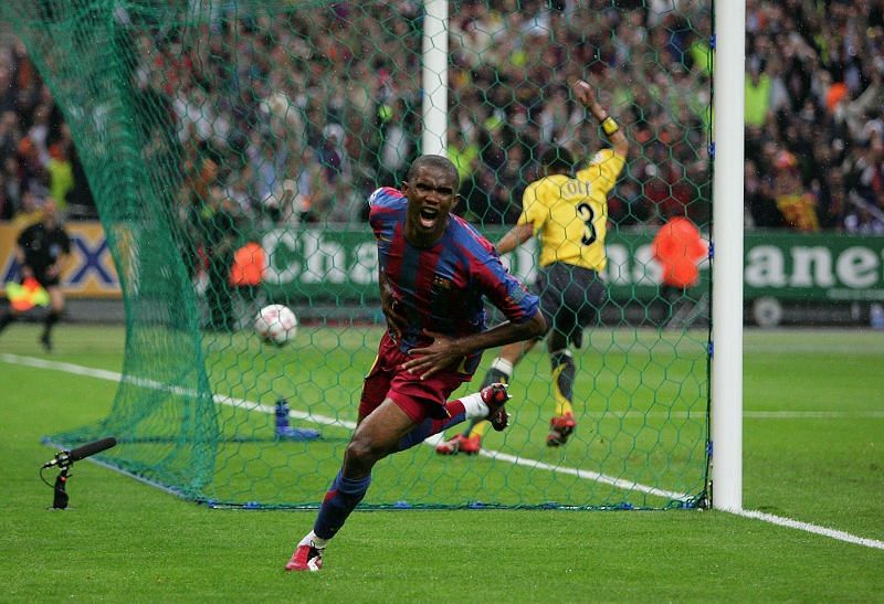 Samuel Eto&#039;o celebrates after scoring for Barcelona against Arsenal in a Champions League final